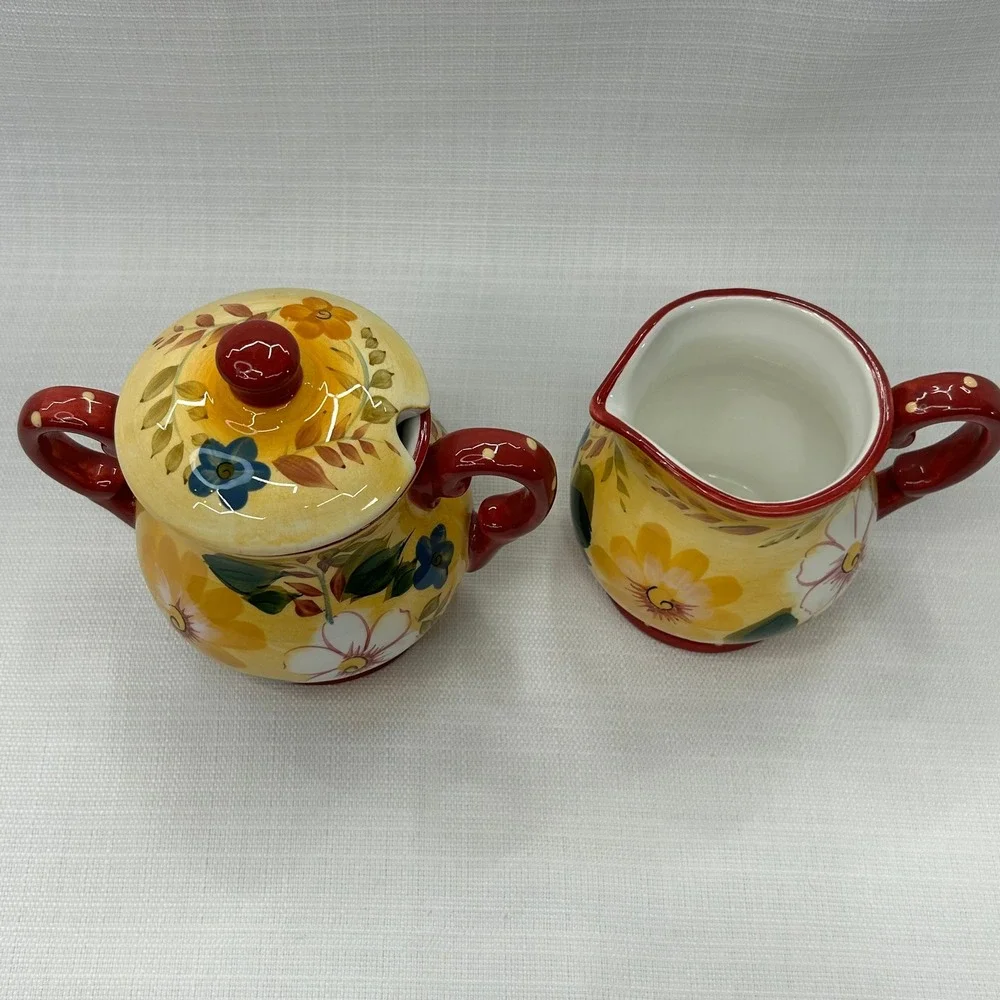 Oneida Sunset Bouquet Creamer & Sugar Bowl Set Yellow Red Floral Hand Painted
